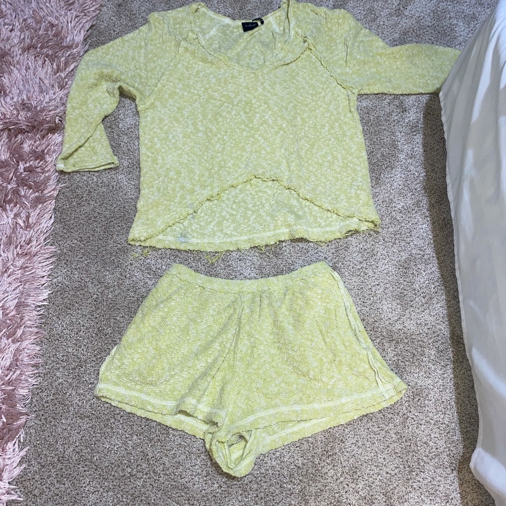 URBAN OUTFITTERS: neon green lounge wear set. Shorts are medium and top is small